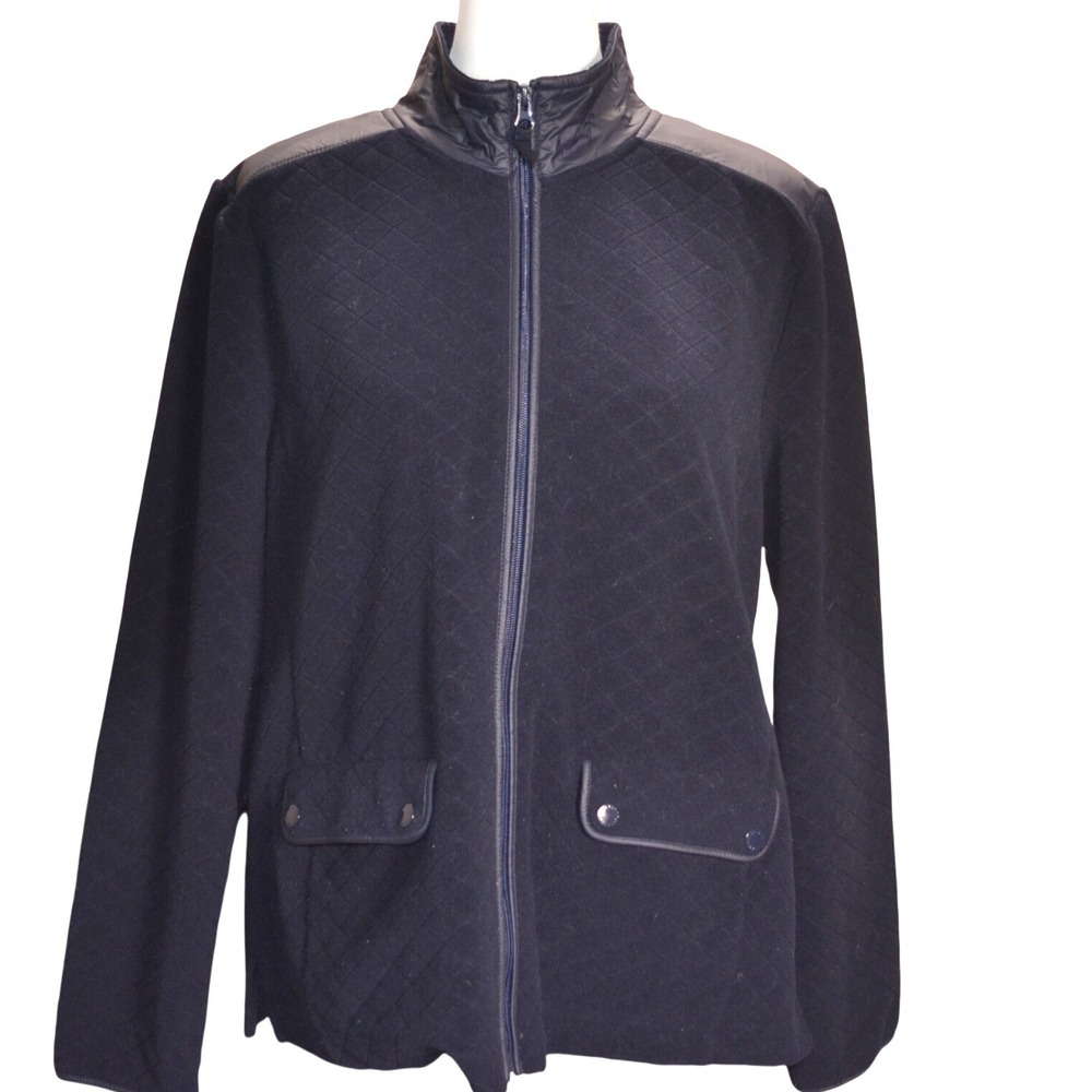 Talbots Preppy Casual Winter Quilted Full Zip Fleece Jacket Navy Blue Minimalist